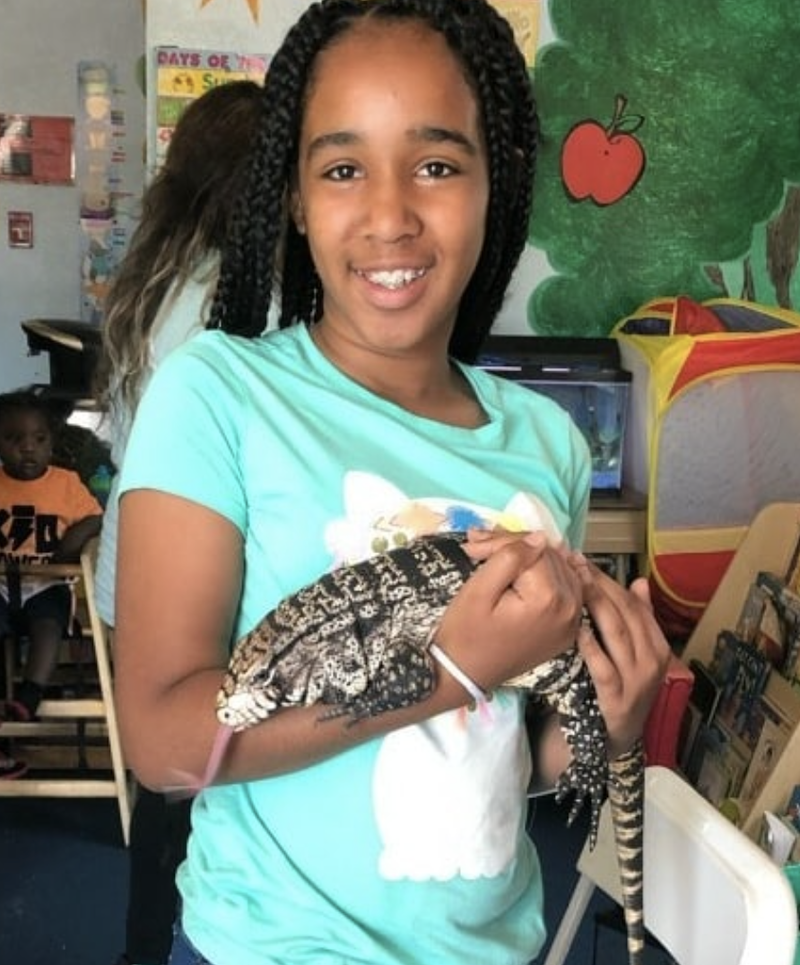 A girl with braids in her hair is holding a reptile, a pet of The Learning Center.